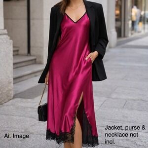 Oscar de la Renta Pink Label Lace Trim Slip Dress Fuchsia Side Slit Sz. M * READ